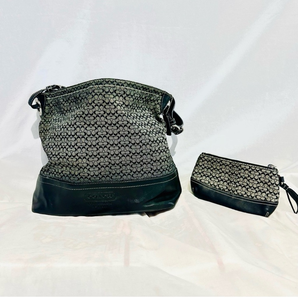 Coach Signature Black & Gray Shoulder Bag with Matching Wristlet